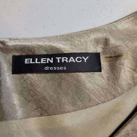 Ellen Tracy Champagne Satin Plunging Cowl Neckline Cap Sleeves Midi Sheath Dress - Picture 8 of 10